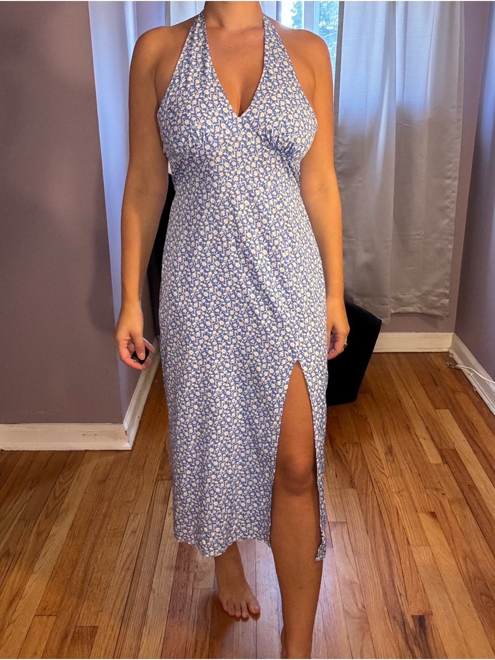 Halter Floral Midi Dress in Light Blue